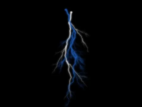 Bright blue and white lightning bolt strikes across a dark black background Illustrazione stock