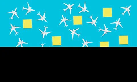 Bright blue background with a pattern of white airplanes and yellow squares Illustrazione stock
