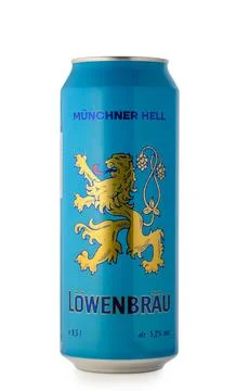 Bright blue beer can featuring Lwenbru logo and vibrant lion design evokes .. Stock Photos