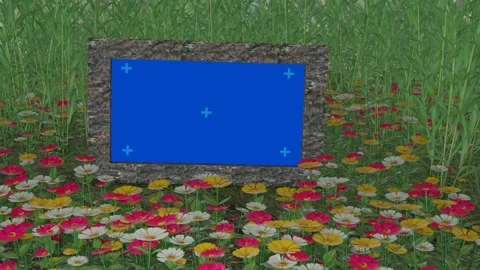 Bright Blue Blank Canvas Surrounded by Vibrant Flowers in a Green Field on a Sun Stock Footage 295744705