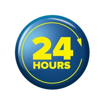 Bright blue button with words '24 hours'  and arrow Stock Illustration