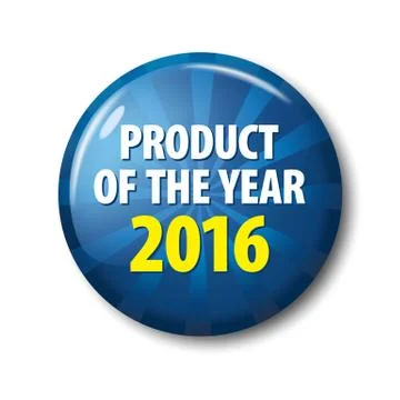 Bright blue button with words 'Product of the year 2016' Stock Illustration
