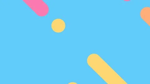 Bright blue canvas with scattered rounded rectangles and circles in pink yell Ilustración de archivo