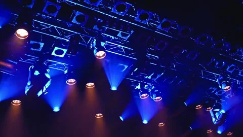 Bright blue ceiling spotlights lights the stage Video stock 249936602