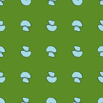 Bright blue champignon mushroom elements seamless pattern. Green background.  Stock Illustration