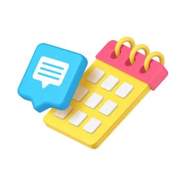 Bright blue chat bubble overlaps a vibrant yellow calendar, representing comm Stock Illustration