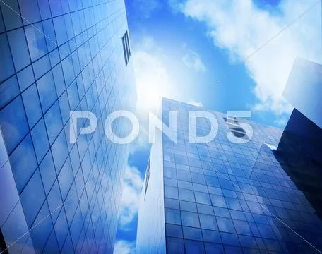 Bright Blue City Buildings with Clouds Stock Illustration