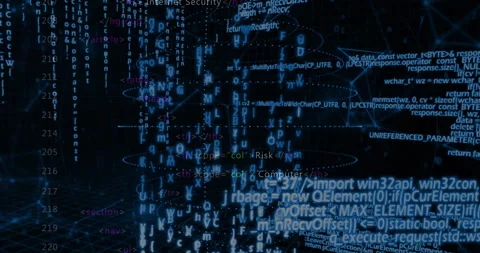 Bright blue code characters flowing over 3D network grid with dotted orbit Stock Footage 309107825