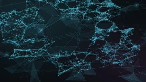 Bright blue connected lines, nodes, and translucent triangular facets sprea.. Stock Illustration