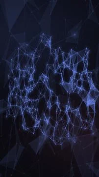 Bright blue connected points and angular wireframe forms create a dense hor.. Illustrazione stock