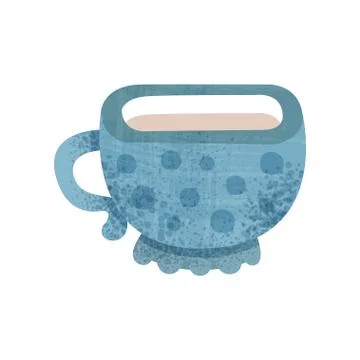 Bright blue cup for tea. Small vessel for hot drink. Ceramic utensil. Flat Stock Illustration