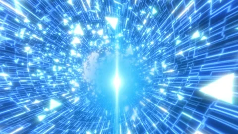 Bright blue data warp tunnel with streaming lines and floating triangles Stock Footage 329997365