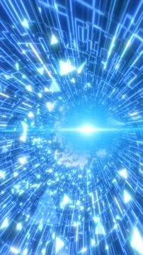 Bright blue data warp tunnel with streaming lines and floating triangles, fut 스톡 일러스트