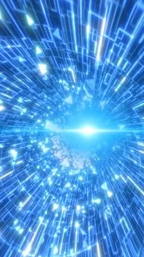 Bright blue data warp tunnel with streaming lines and floating triangles, f.. 库存插图