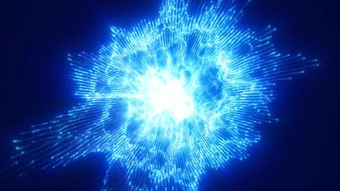 Bright blue digital energy sphere exploding with glowing data particles Stock Footage 335962424