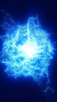 Bright blue digital energy sphere exploding with glowing data particles, fi.. Stock Illustration