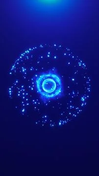 Bright blue digital orb surrounded by scattered particles and glowing rings i Stock Illustration