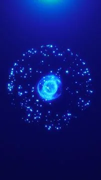 Bright blue digital orb surrounded by scattered particles and glowing rings.. Stock Illustration