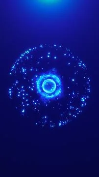 Bright blue digital orb surrounded by scattered particles and glowing rings i 스톡 일러스트