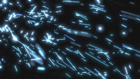 Bright blue digital particles and streaks moving through dark space forming a 库存影片 330593602