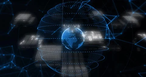 Bright blue dots appearing forming 3D spinning globe as binary panels sliding Stock Footage 310970522