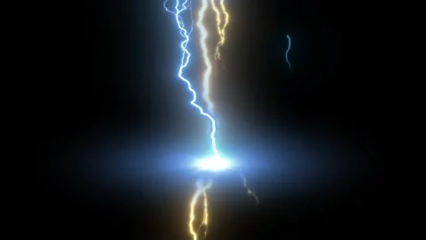 Bright blue electric lightning bolt striking on a dark black background Stock Footage 345627059