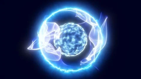 Bright blue energy sphere surrounded by flowing luminous ribbons of particl.. 스톡 일러스트