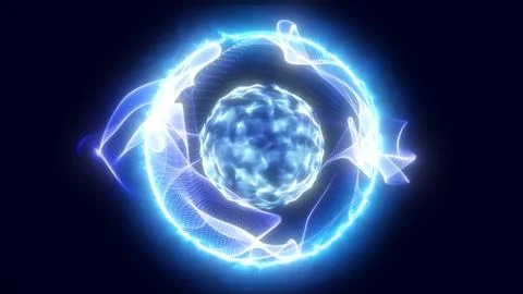 Bright blue energy sphere surrounded by flowing luminous ribbons of particl.. Stock Illustration
