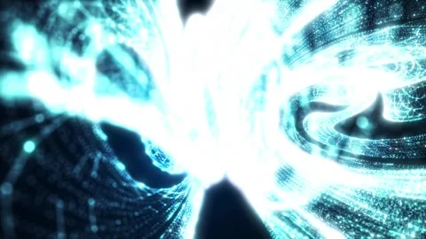 Bright blue energy vortex with glowing particles and wave patterns merging in Stock Footage 330593403