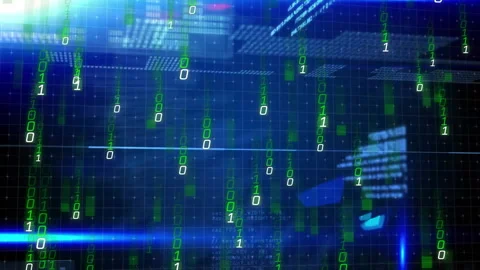 Bright blue flare flaring at center streaming green binary digits panels and Stock Footage 313168820