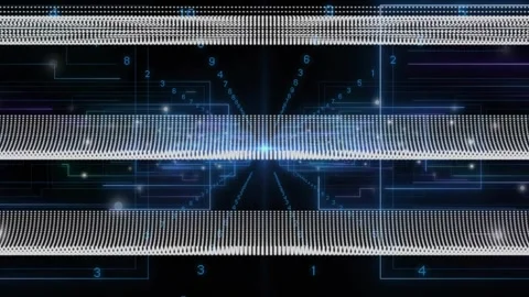 Bright blue flare igniting middle band, sending numeric pulses, neon lines Stock Footage 319782987