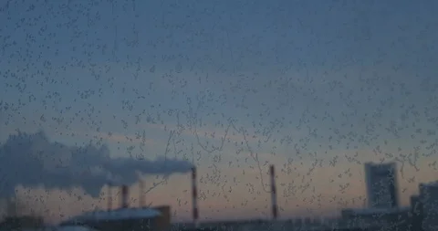 Bright blue frost pattern on a window glass. Smoking pipe of CHP on the Stockbeeldmateriaal 121313175