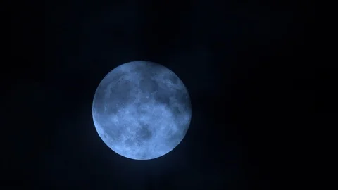 Bright Blue Full Moon Behind Misty Clouds Close Up, 4k Stock Footage 100991105