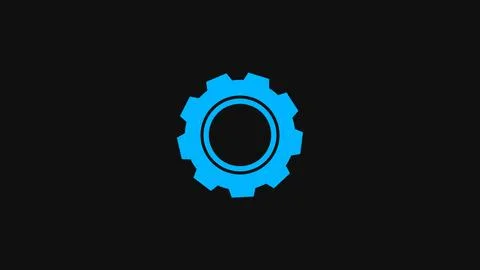 Bright blue gear icon centered on black background symbolizing modern techn.. Illustrazione stock