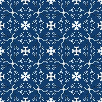 Bright blue geometric fabric pattern featuring white symmetrical line Stock-Illustration