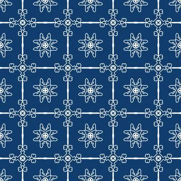 Bright blue geometric fabric pattern featuring white symmetrical line Stock-Illustration