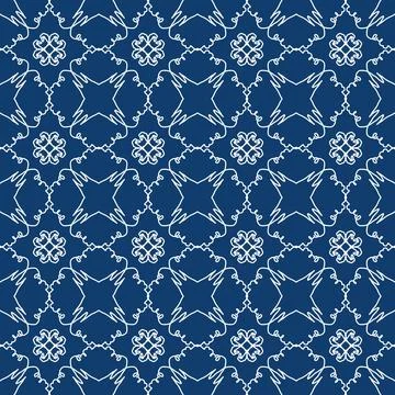 Bright blue geometric fabric pattern featuring white symmetrical line Stock-Illustration