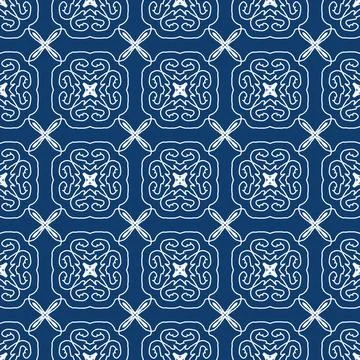 Bright blue geometric fabric pattern featuring white symmetrical line Stock-Illustration
