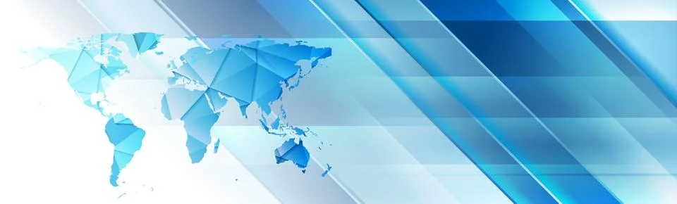 Bright blue geometric tech background low poly world map Stock Illustration