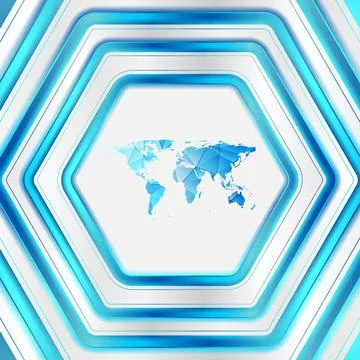 Bright blue geometric tech background with low poly world map Stock Illustration