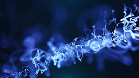 Bright blue glowing light trails swirling and flowing dynamically in a dark.. Stock Illustration