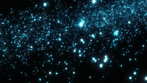 Bright blue glowing particles floating in deep dark space at night Stock Illustration