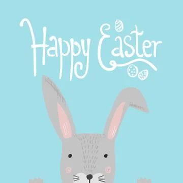 Bright blue Happy Easter poster with cute rabbit Stock Illustration