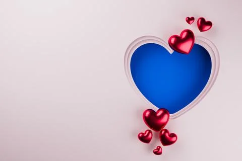 Bright blue heart frame with red balloons on white background. Stock Illustration