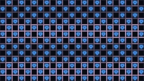 Bright blue hearts in a patterned grid on a dark background Видео 338234369