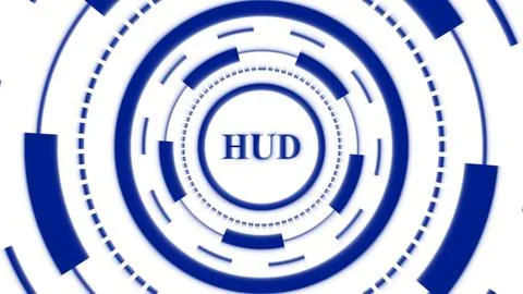 Bright blue hud interface with white glowing rings and dashed lines on whit.. Stockillustratie