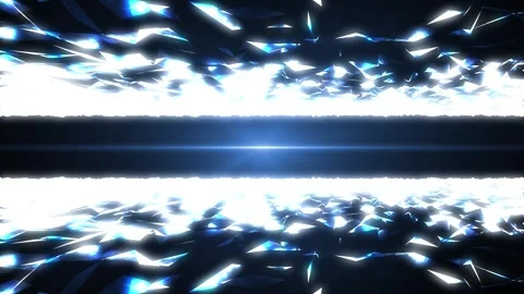 Bright blue light bursts with shattered fragments around a glowing horizon, c Stock Footage 332804072
