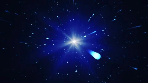 From the bright blue light, fiery comets fly. Animation of abstract explosion in Stock Footage 262532440