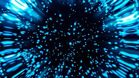 Bright blue light particles stream and flow rapidly across a dark abstract Stock Illustration