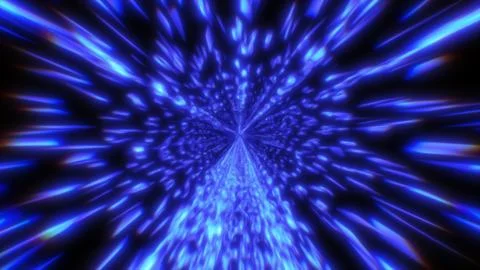 Bright blue light rays converge into a glowing vortex tunnel, creating a sens Illustrazione stock